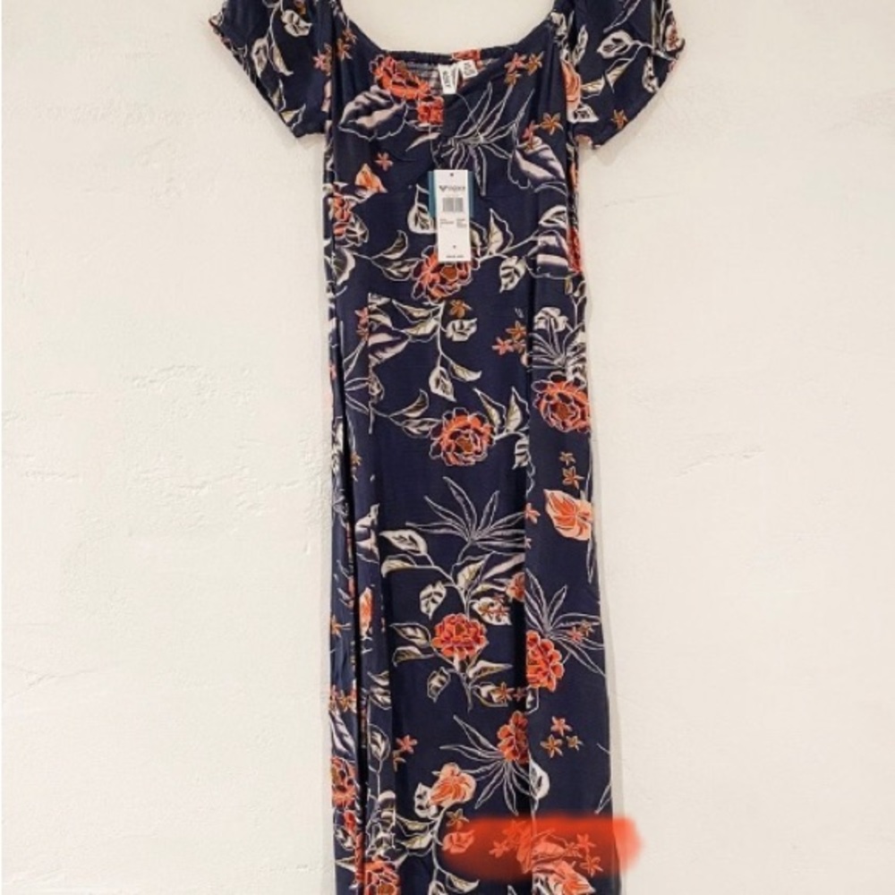 Roxy Floral Double Slit Maxi Dress in Navy Blue